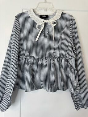 Cider Navy Gingham Peplum Blouse with White Ruffle Collar